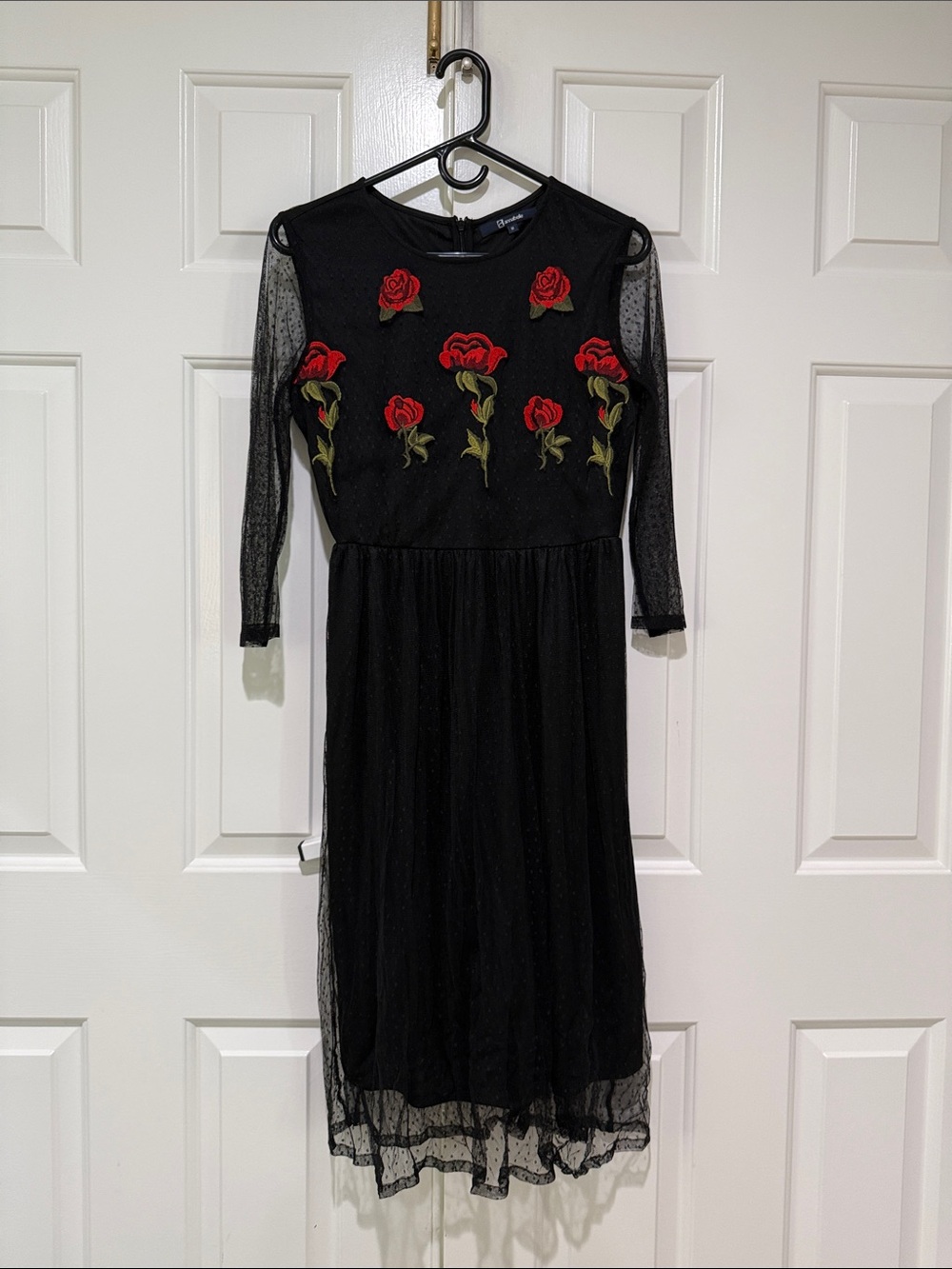 Annabelle Black Midi Dress with Red Rose Embroidery